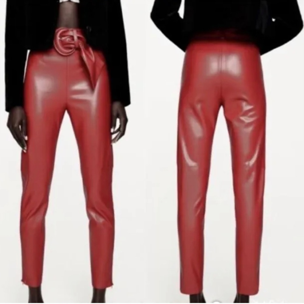 ZARA FAUX LEATHER BELTED HIGH WAISTED PANT RED pleather vegan Sz M NWT